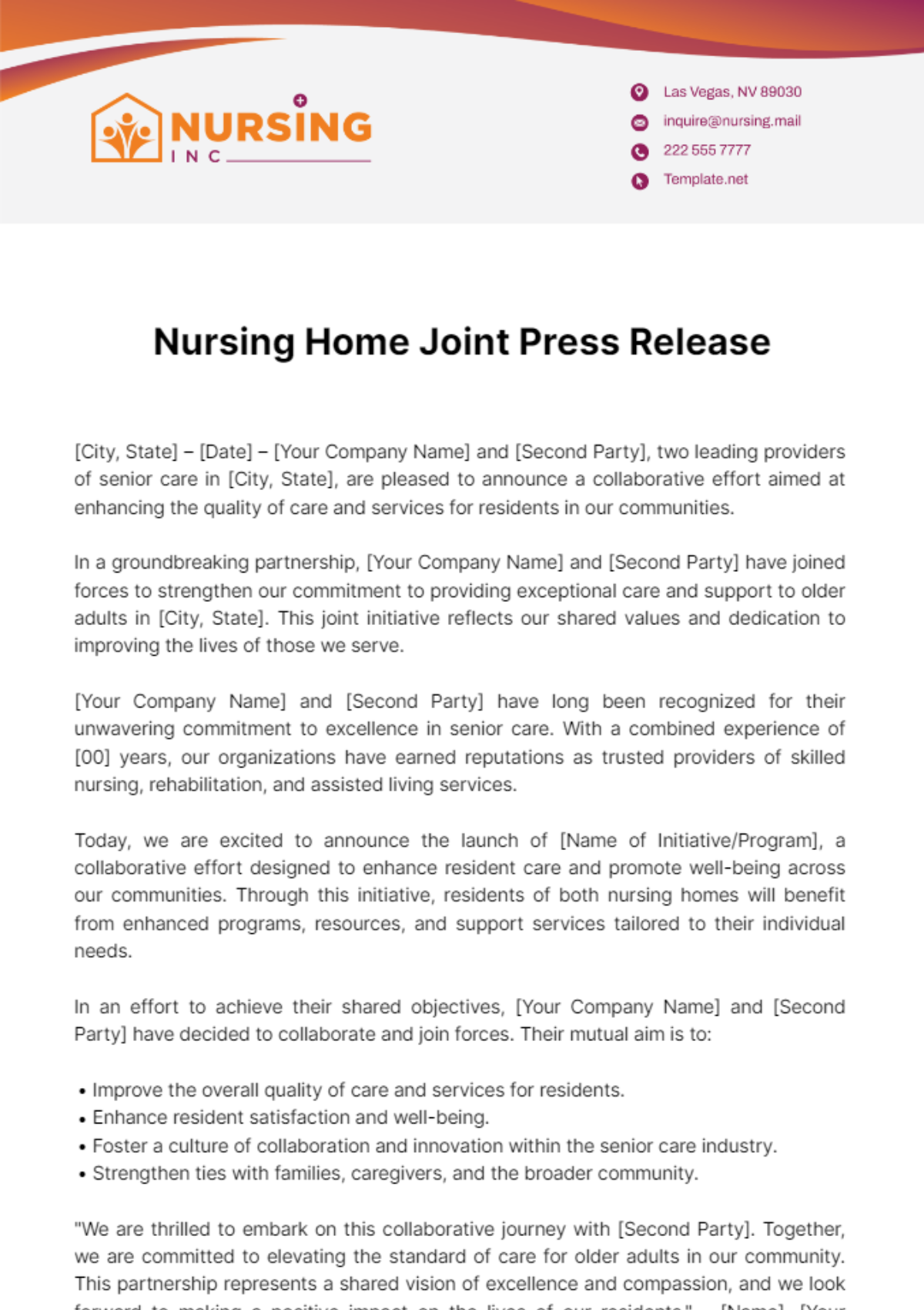 Free Nursing Home Joint Press Release Template