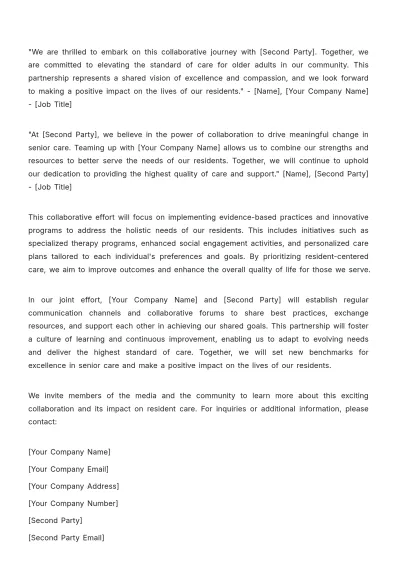Free Nursing Home Joint Press Release Template to Edit Online