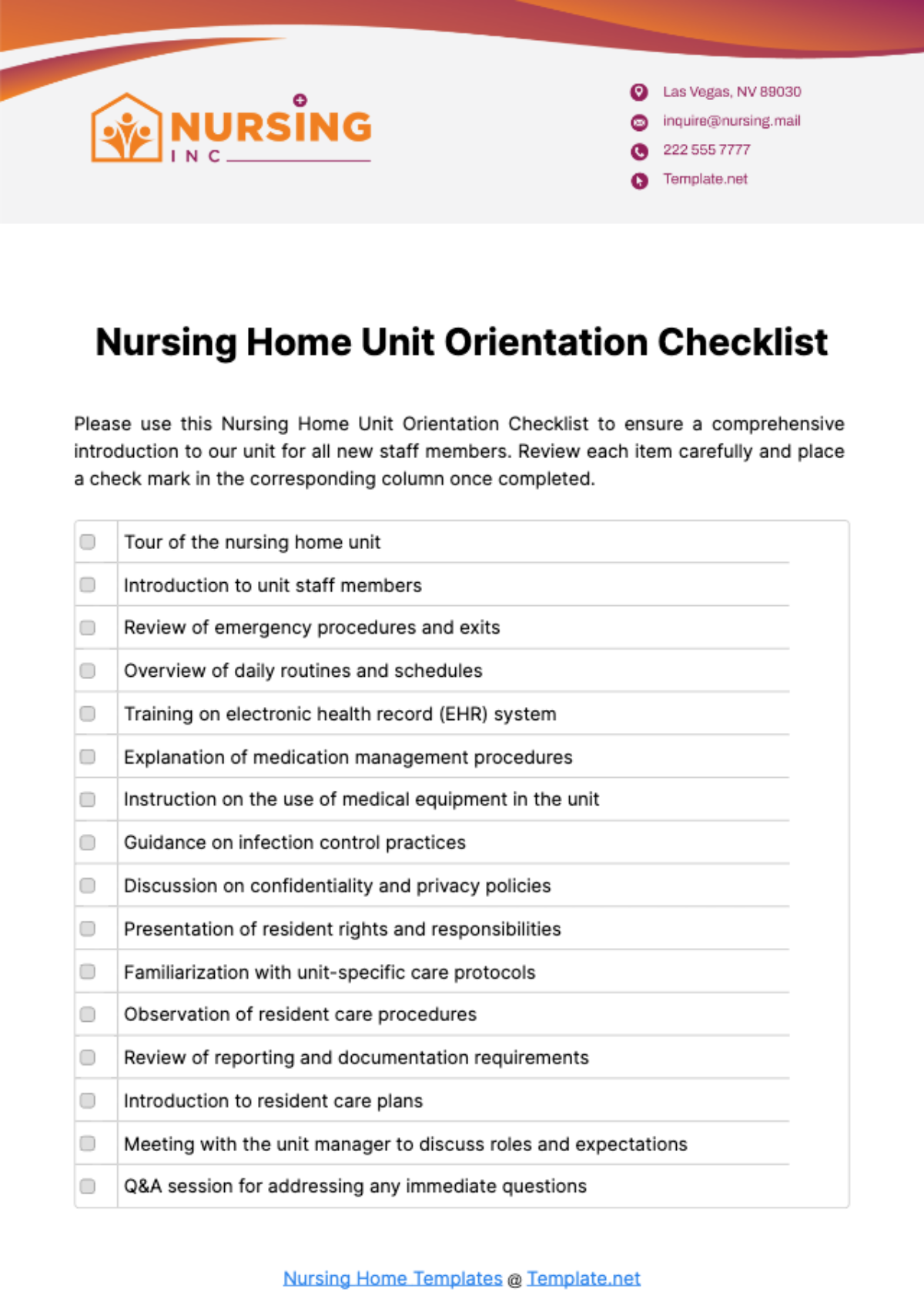 Nursing Home Unit Orientation Checklist Template