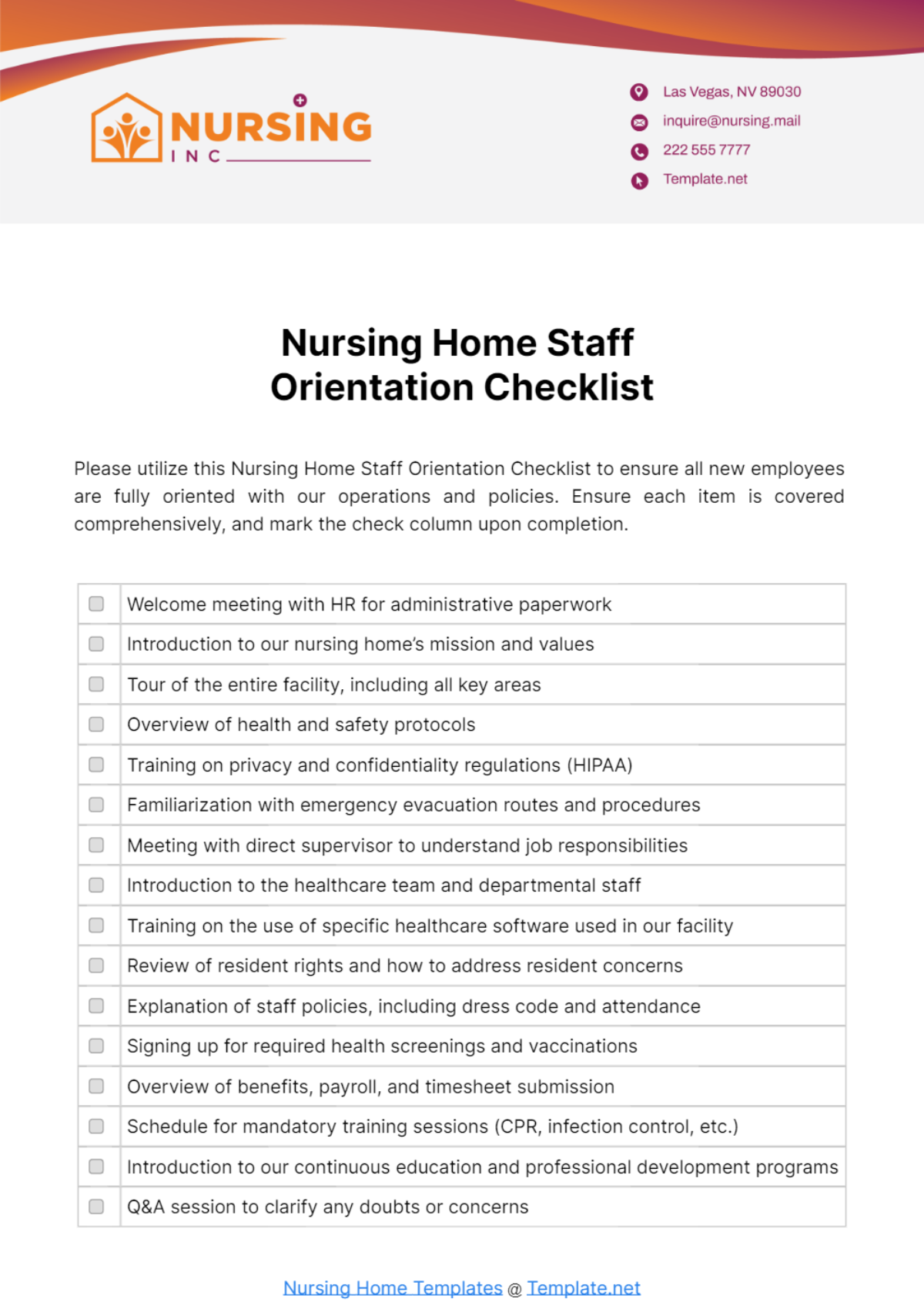 Nursing Home Staff Orientation Checklist Template