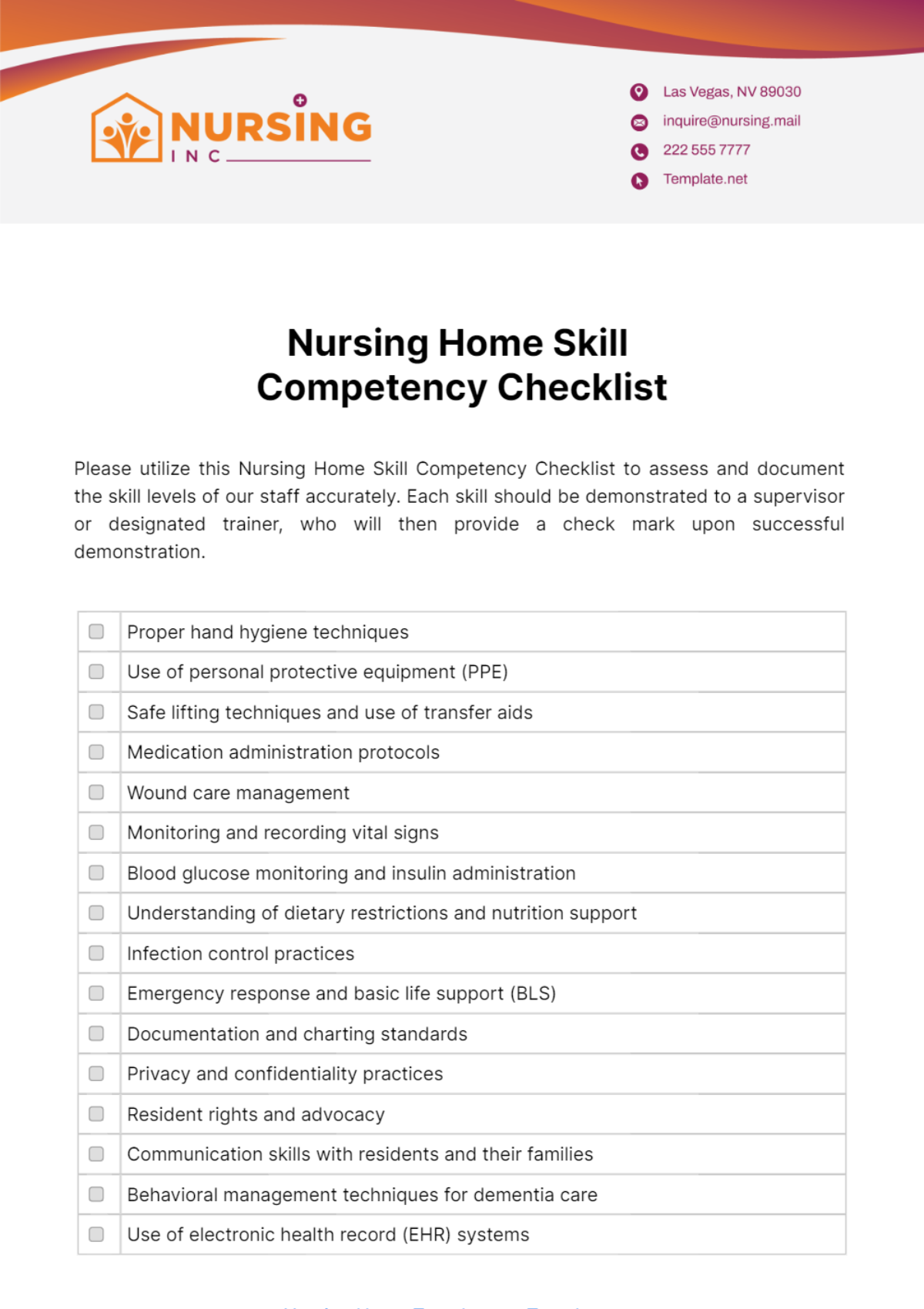 Nursing Home Skill Competency Checklist Template