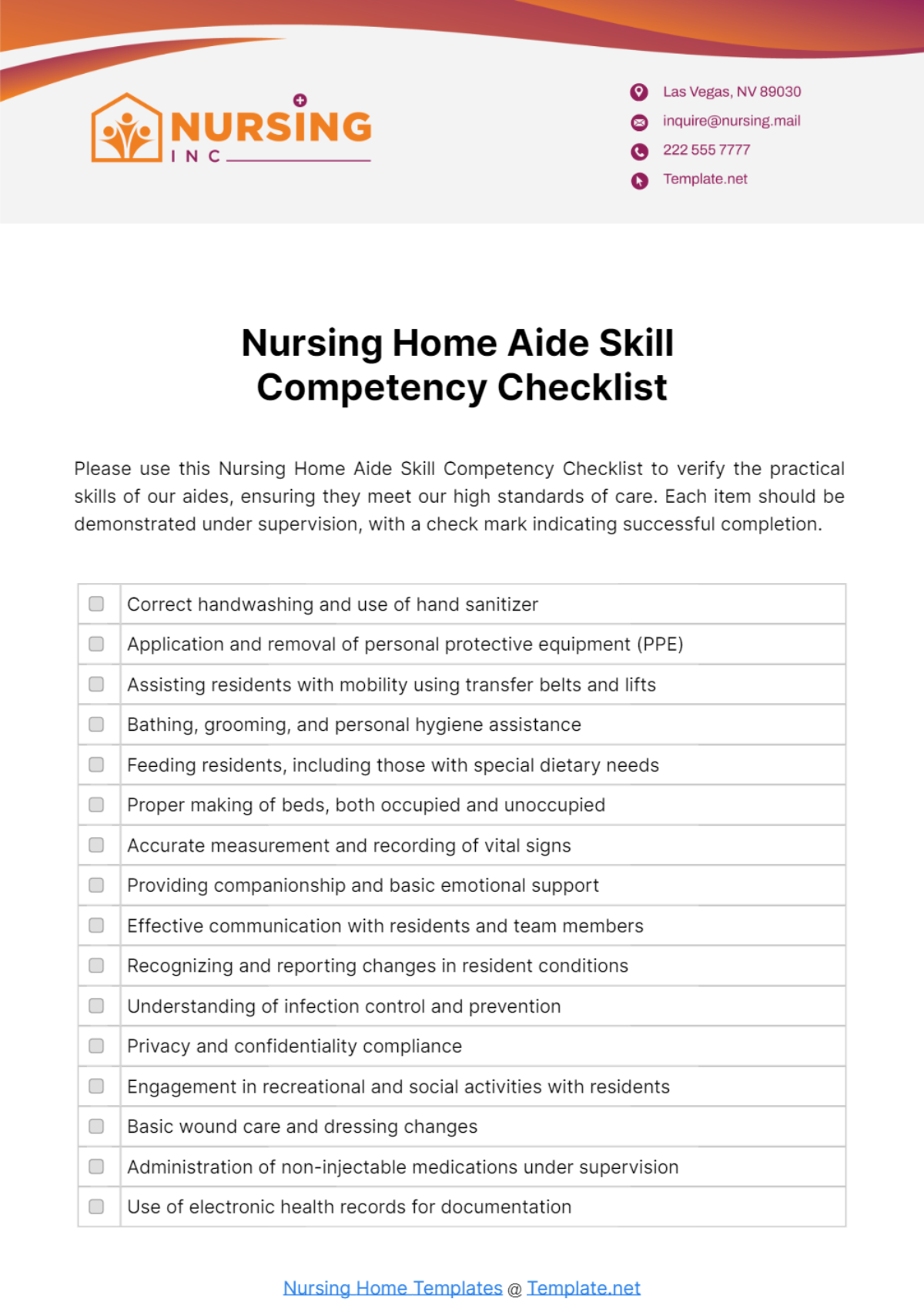 Nursing Home Aide Skill Competency Checklist Template