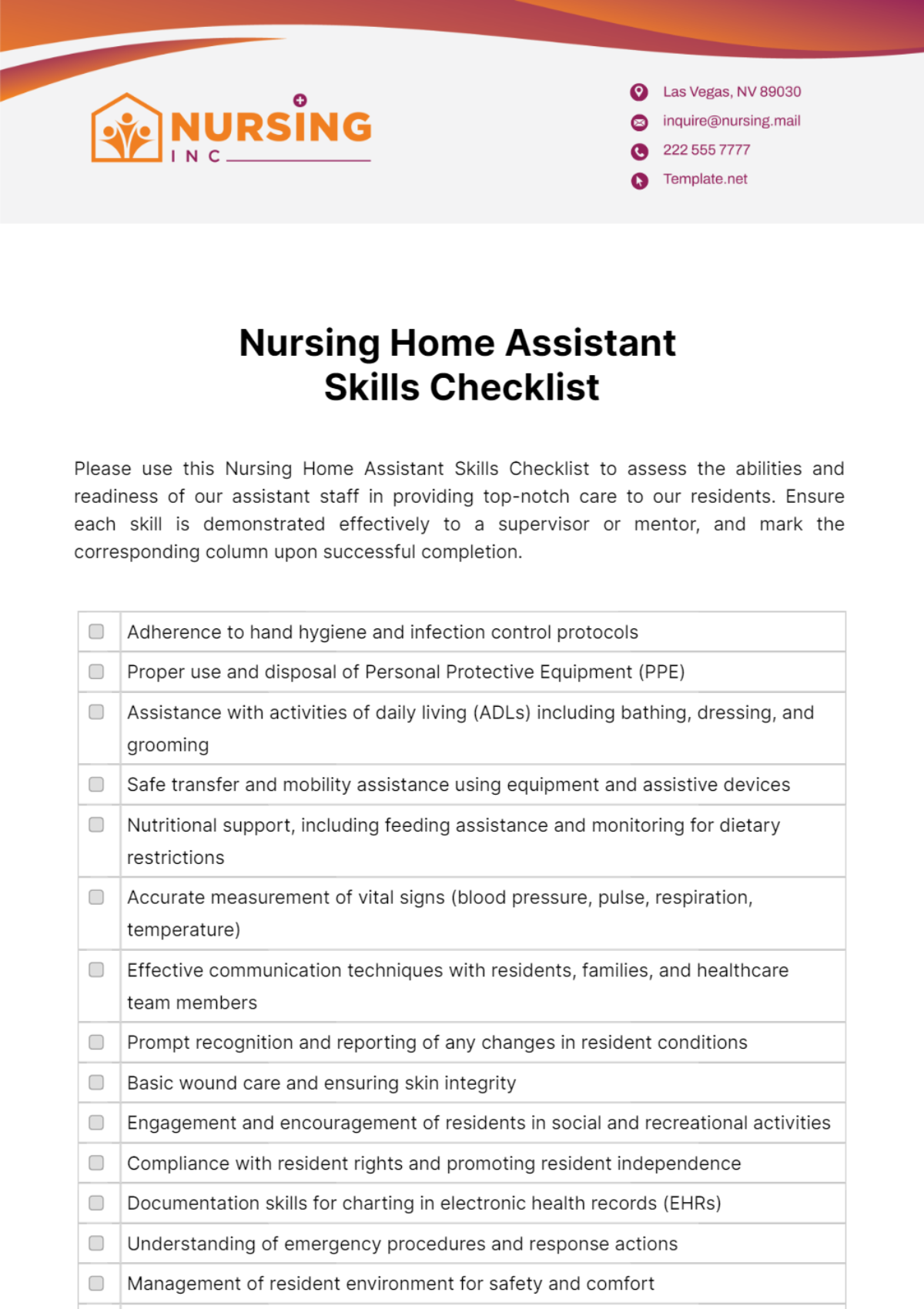 Free Nursing Home  Assistant Skills Checklist Template