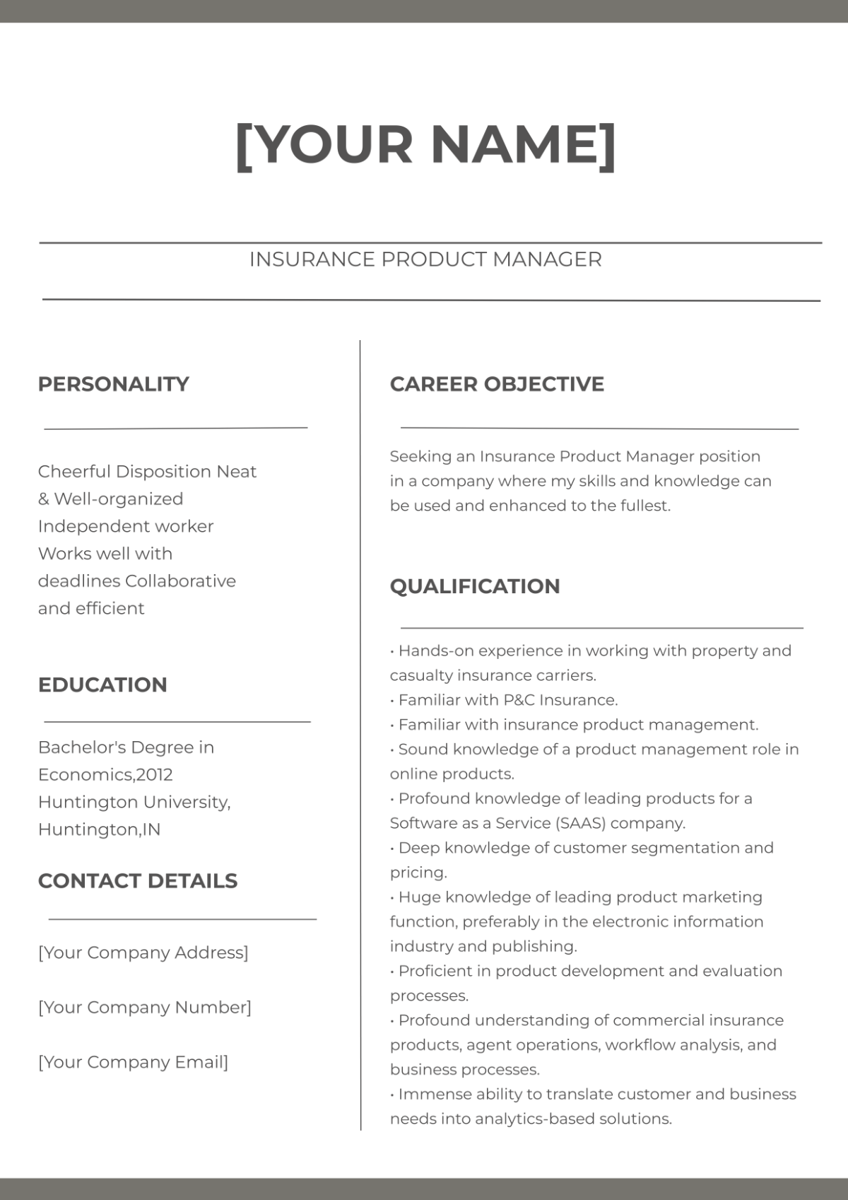 Insurance Product Manager Resume Template