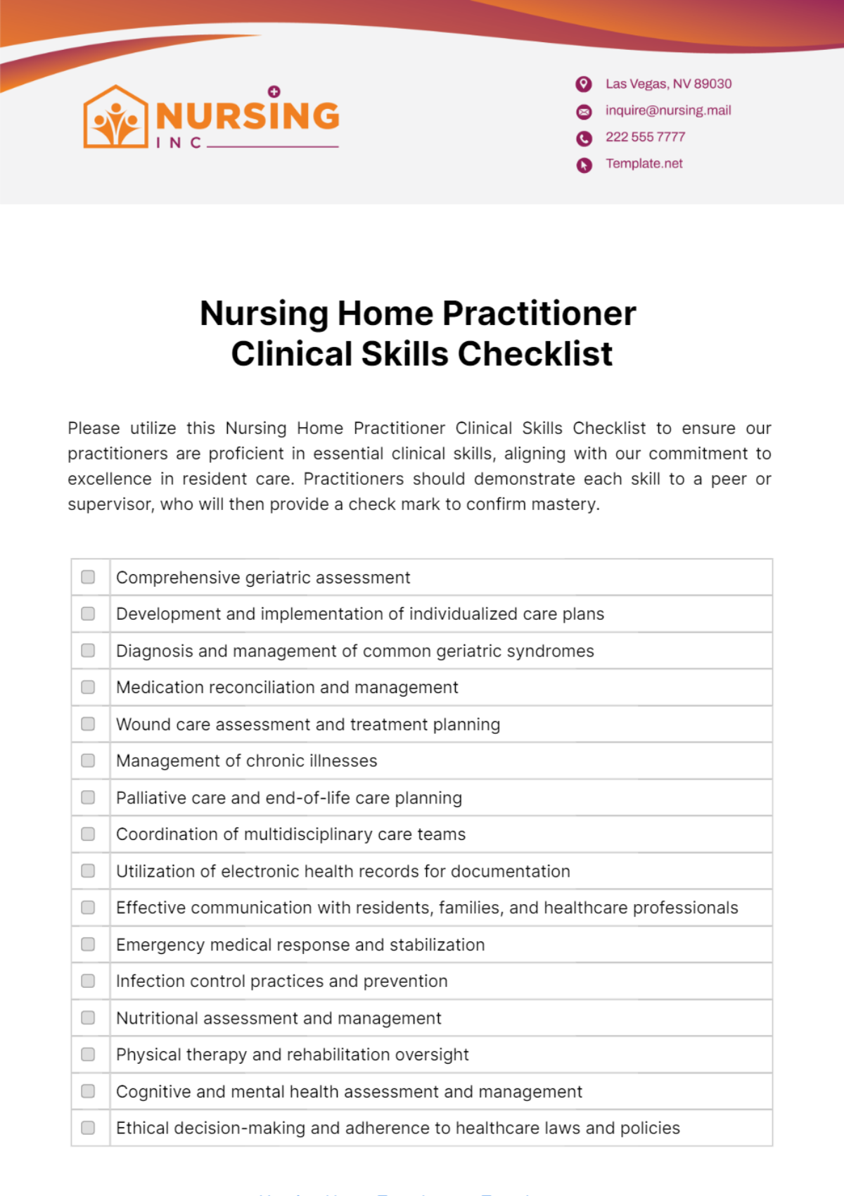 Nursing Home Practitioner Clinical Skills Checklist Template