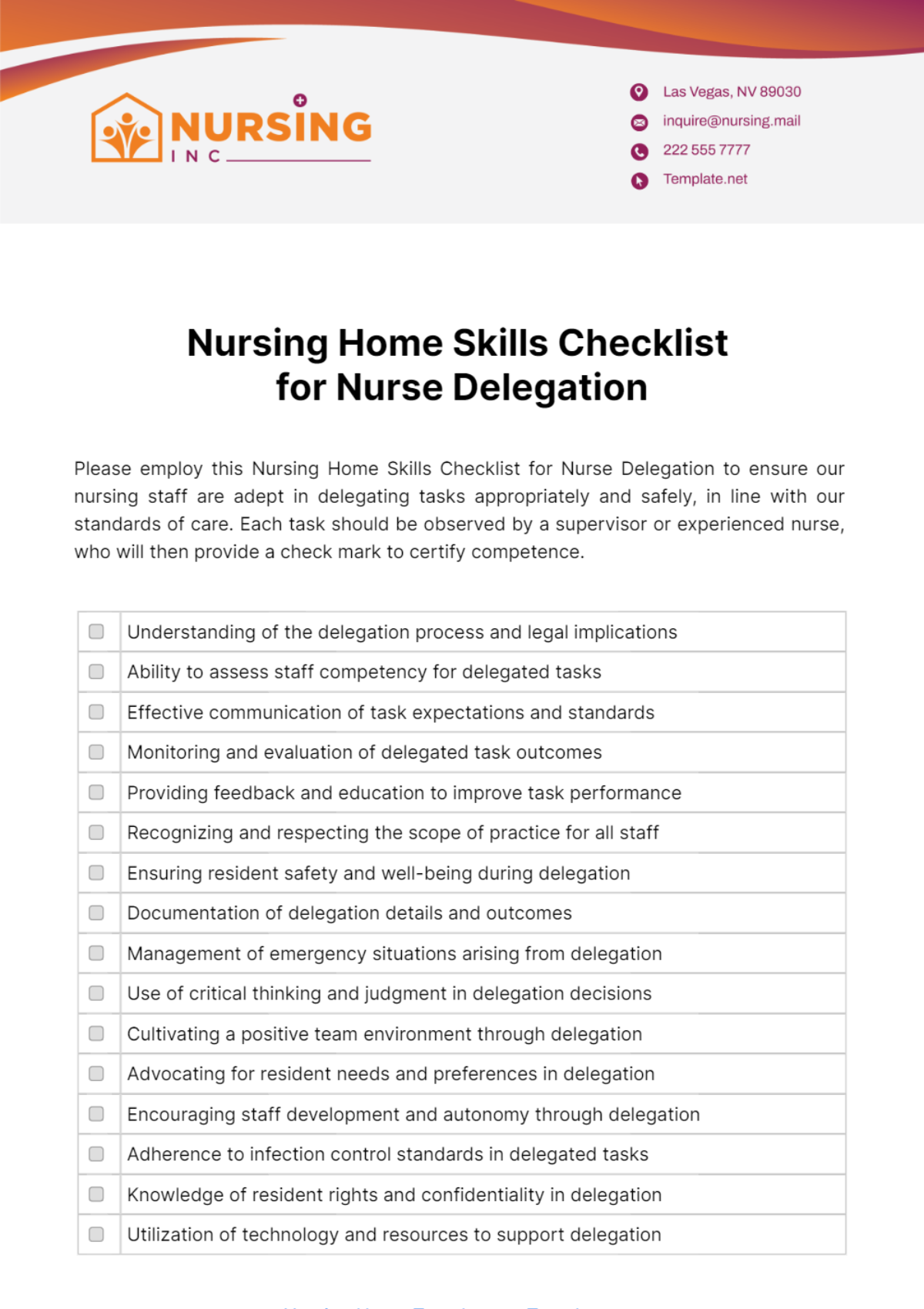 Free Nursing Home Skills Checklist For Nurse Delegation Template