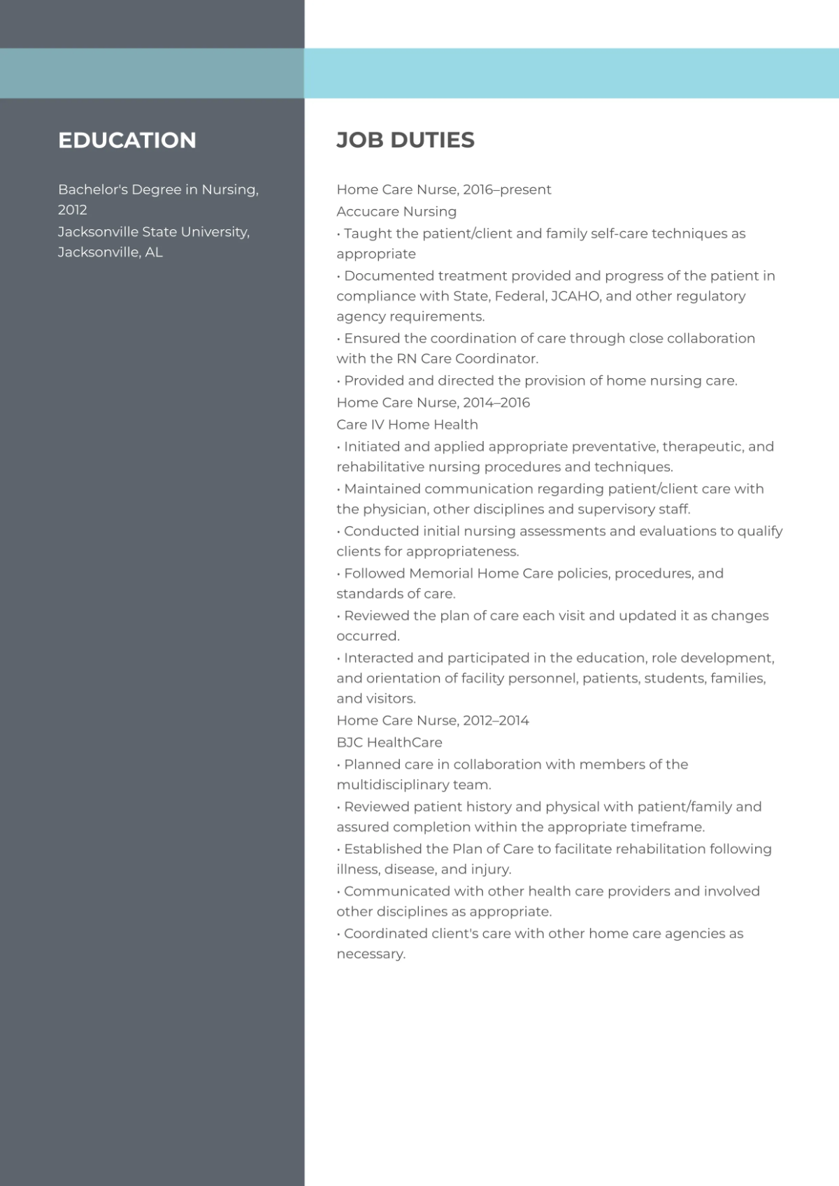 Free Home Care Nurse Resume Template to Edit Online