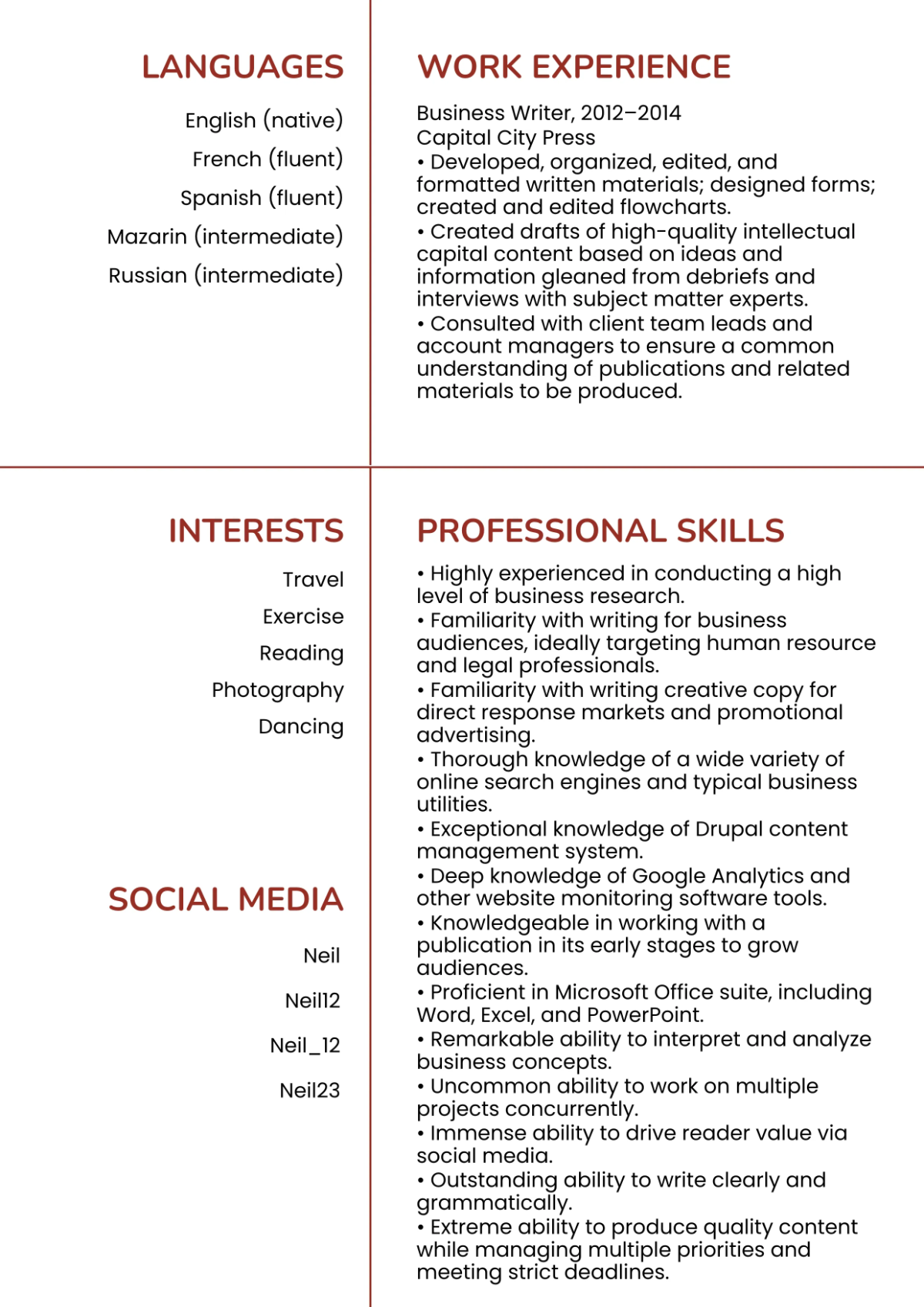 Free Business Writer Resume Template to Edit Online