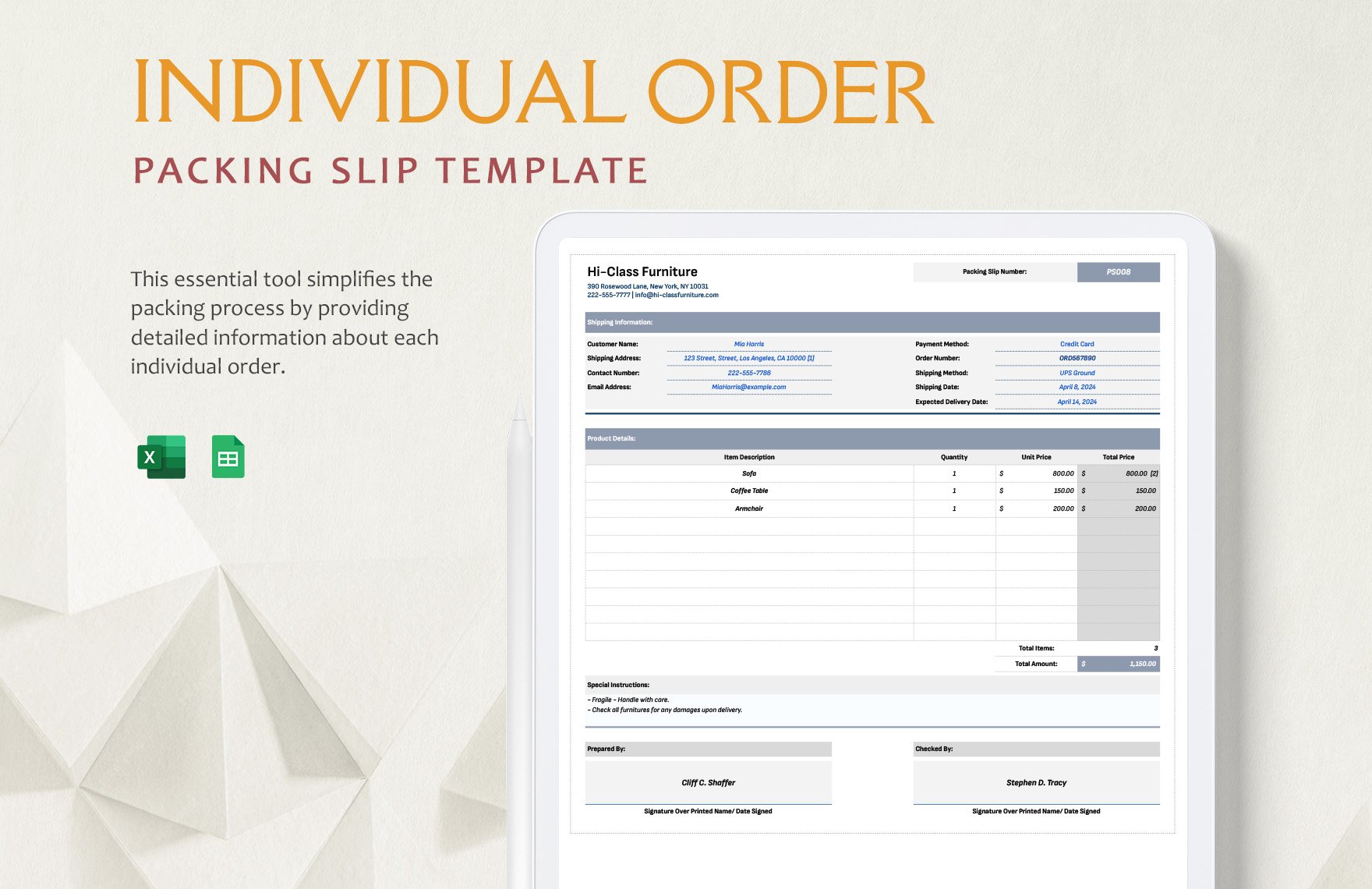 Individual Order Packing Slip Template in Excel, Google Sheets