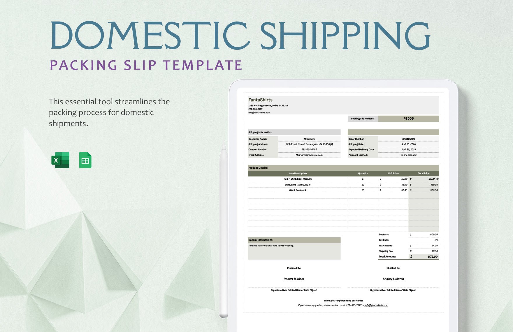 Domestic Shipping Packing Slip Template