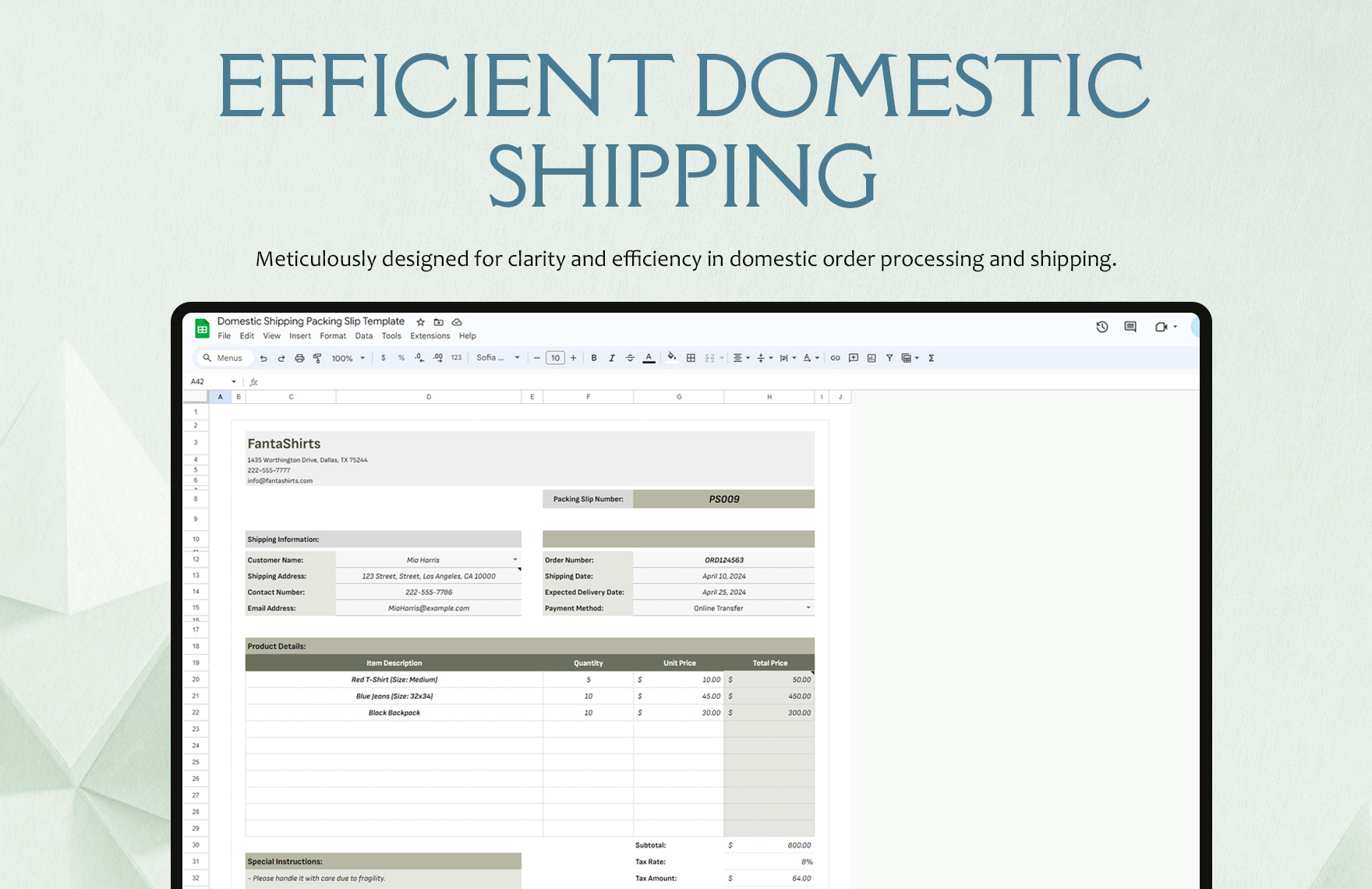 Domestic Shipping Packing Slip Template