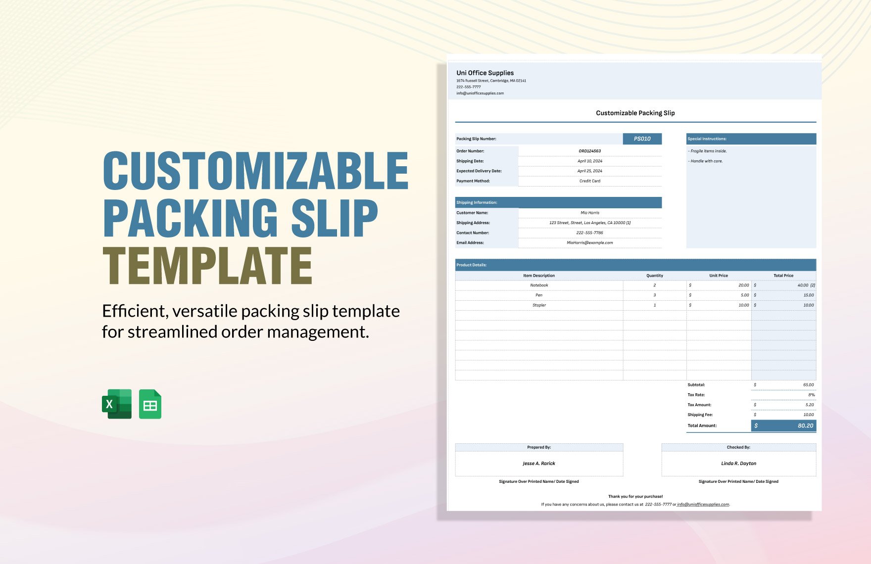 Customizable Packing Slip Template in Excel, Google Sheets