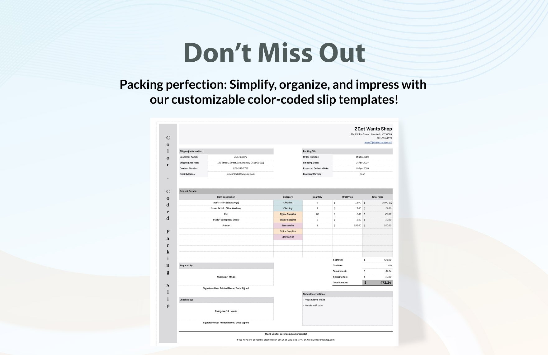 Color-Coded Packing Slip Template
