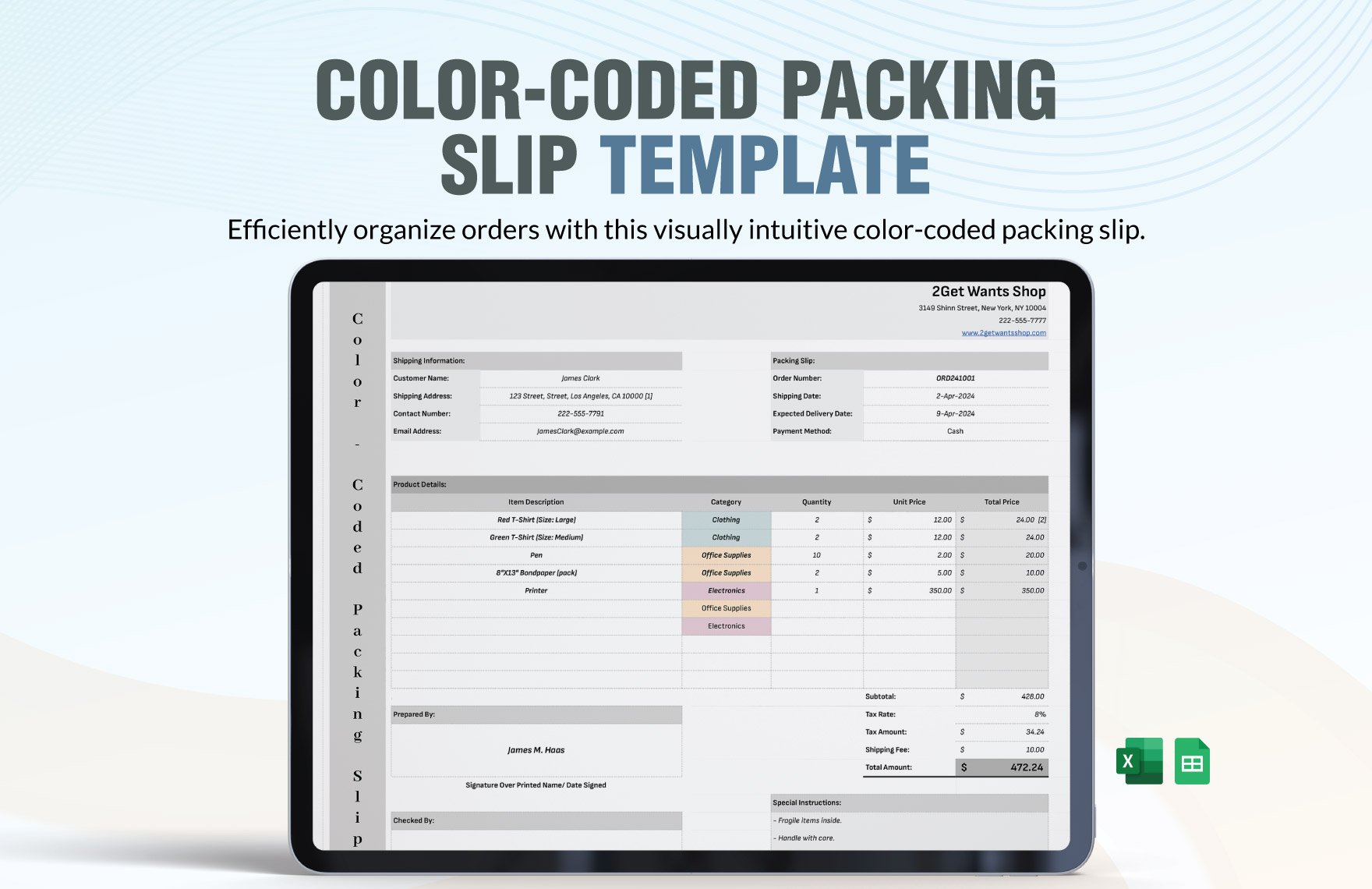 Color-Coded Packing Slip Template in Excel, Google Sheets