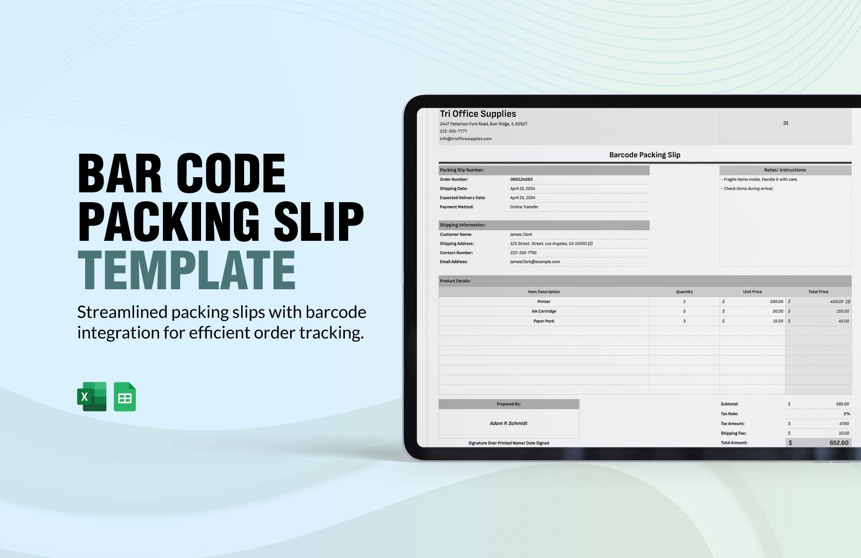 Barcode Packing Slip Template in Excel, Google Sheets