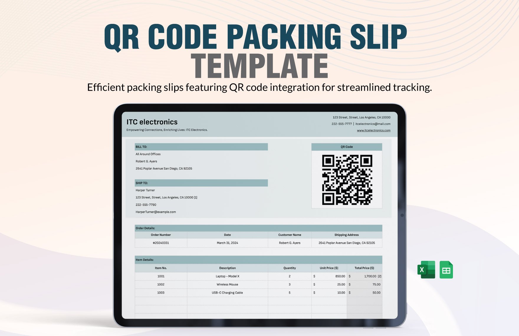 QR Code Packing Slip Template in Excel, Google Sheets