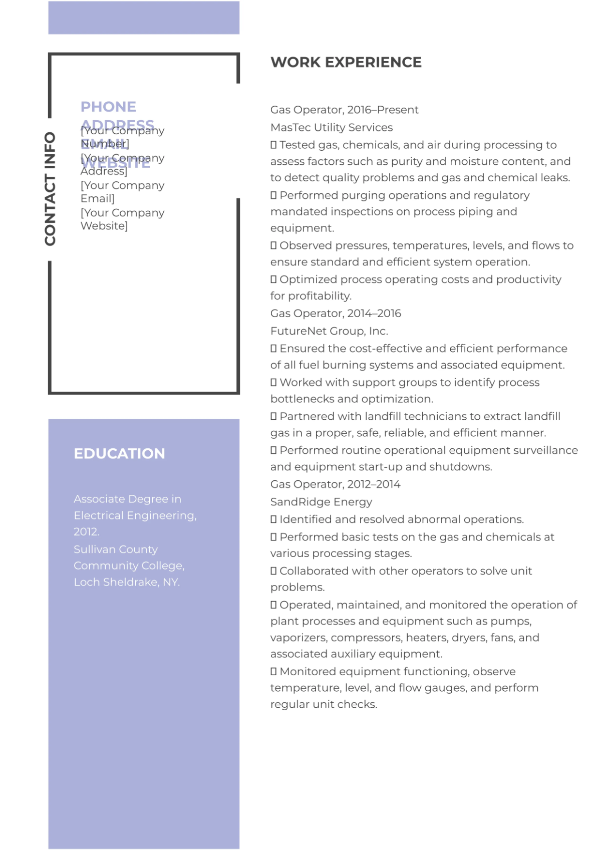 Free Gas Operator Resume Template to Edit Online