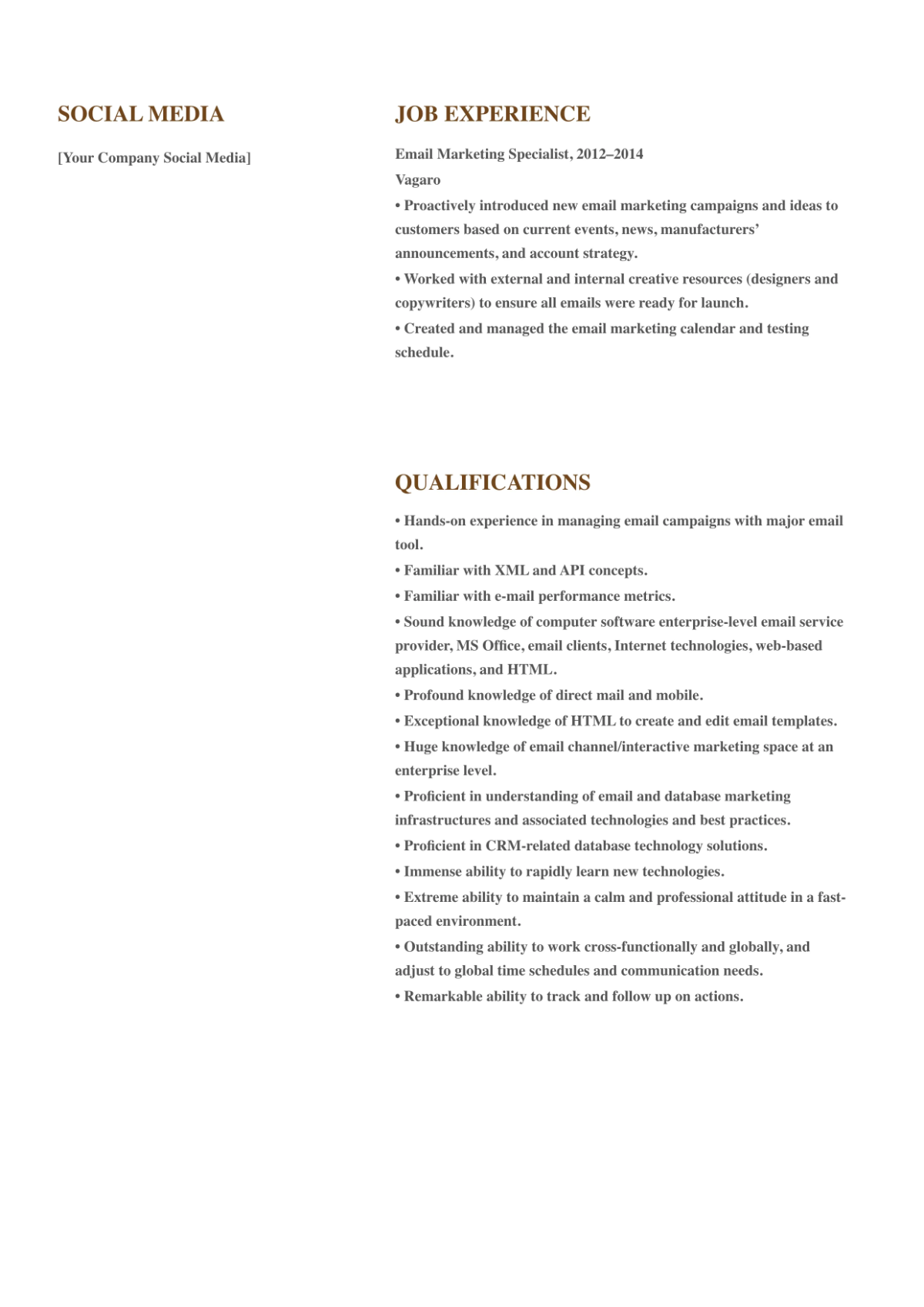 Free Email Marketing Specialist Resume Template to Edit Online