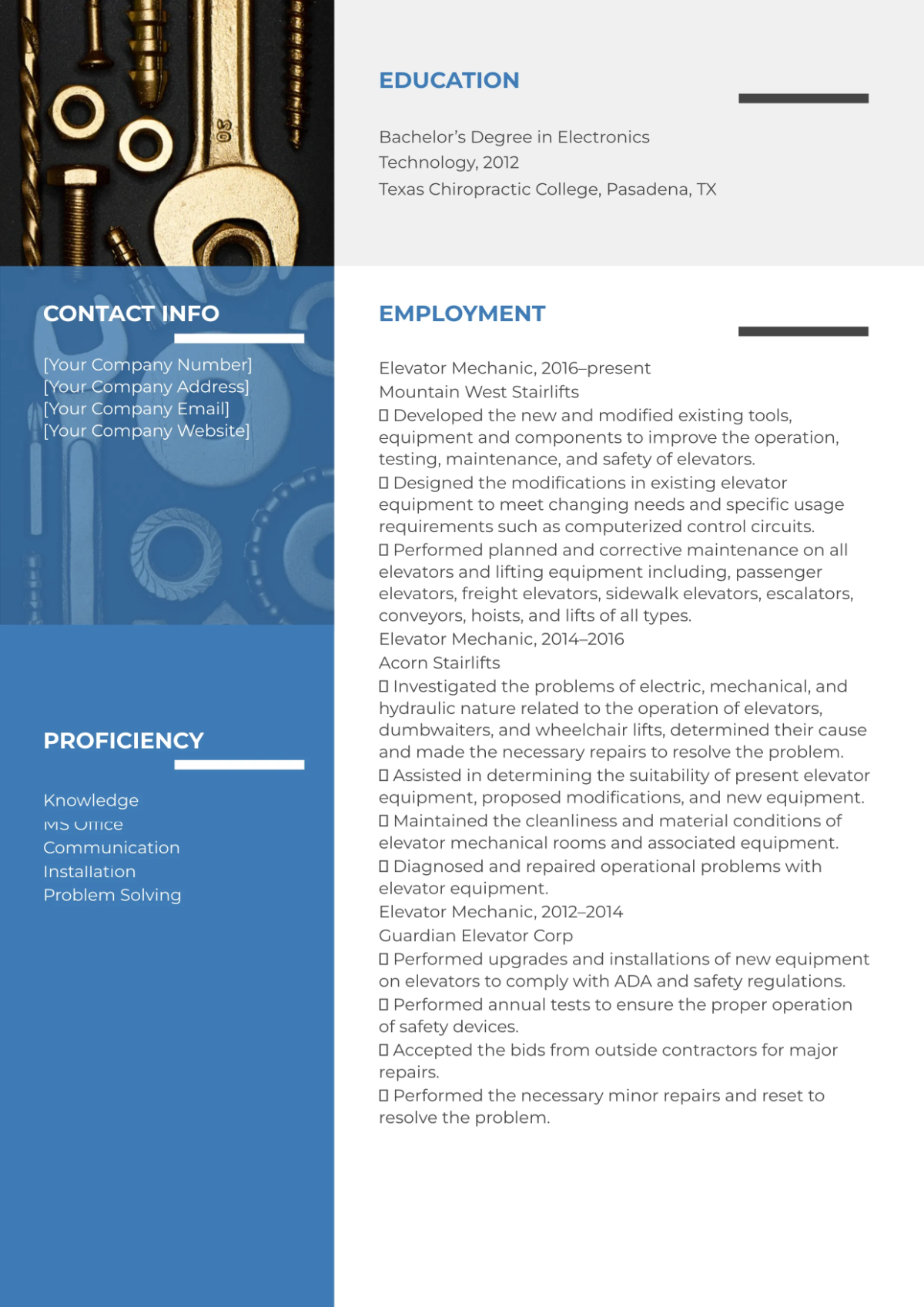 Free Elevator Mechanic Resume Template to Edit Online