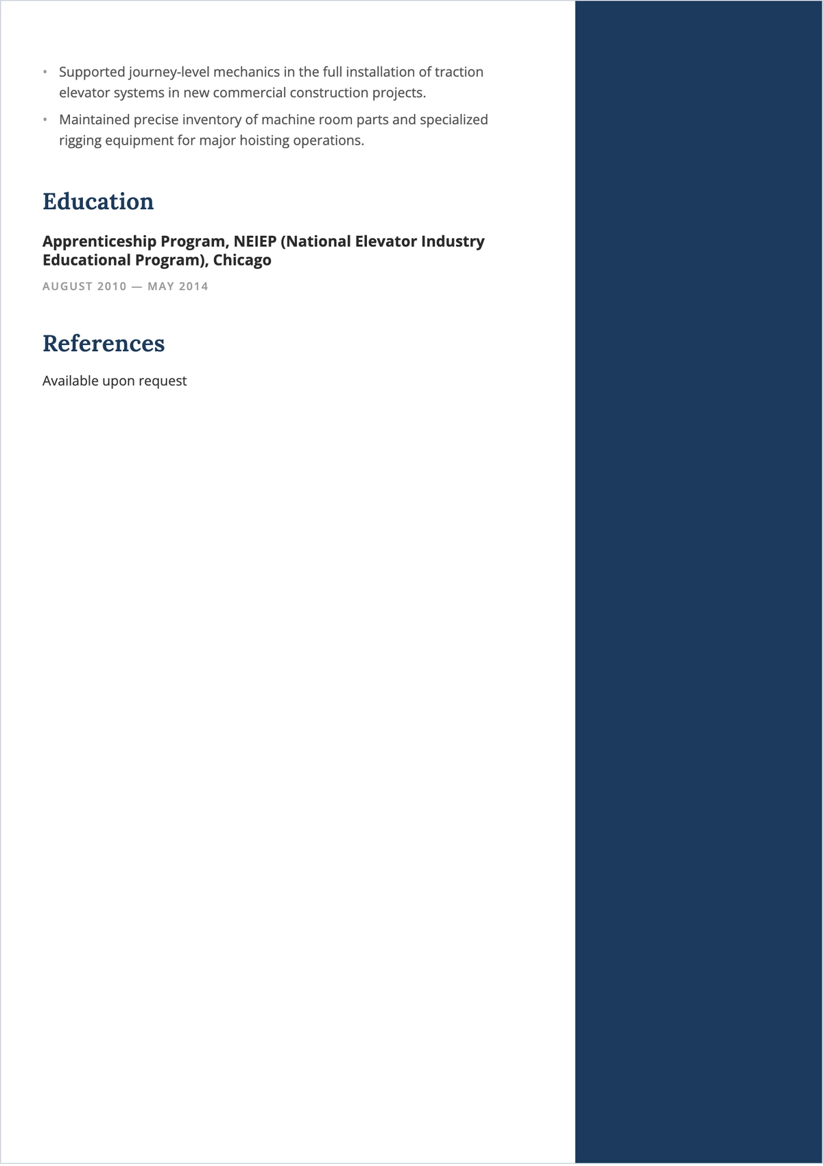 Free Elevator Mechanic ATS Resume Template, AI Resume Builder