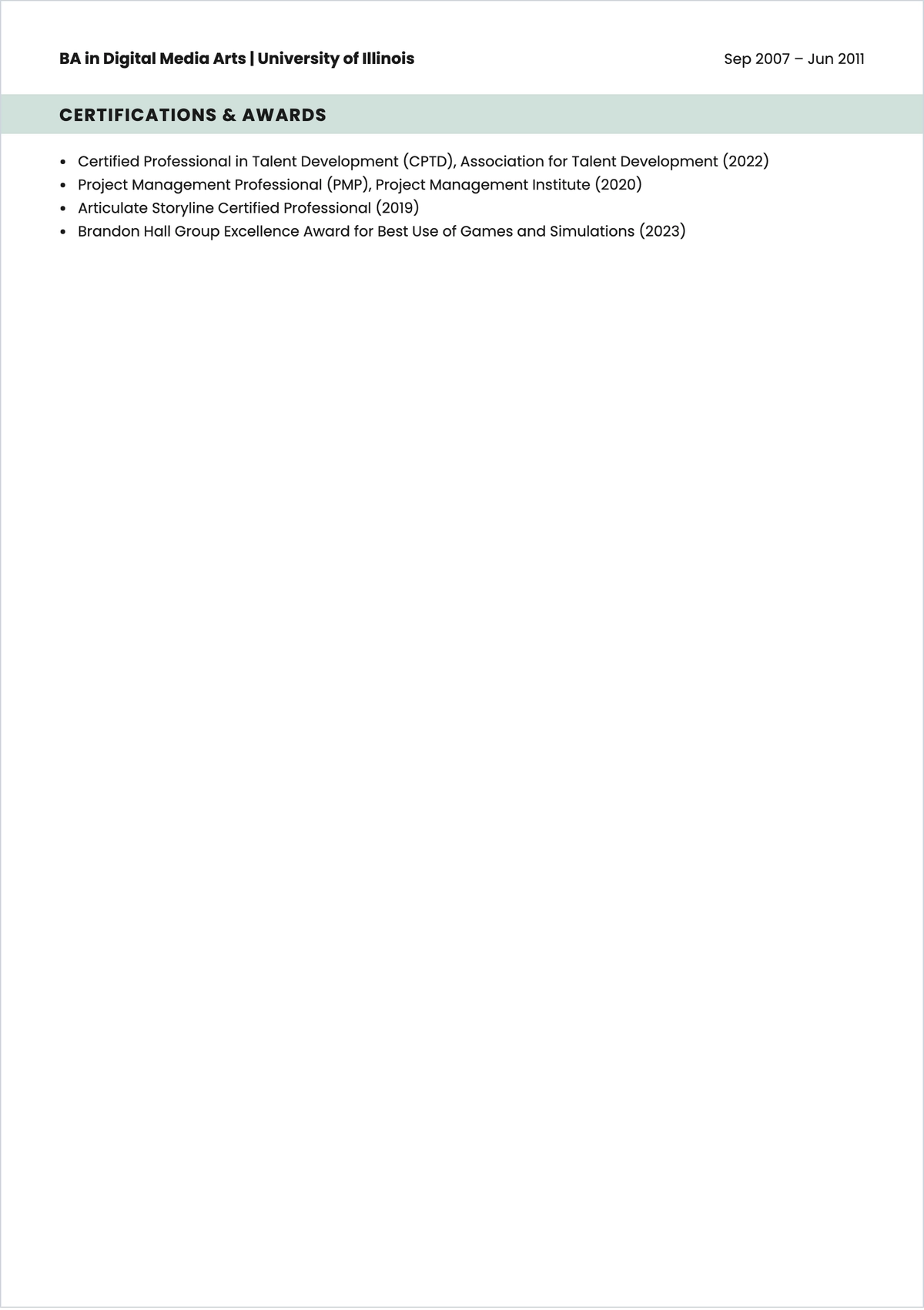 Free E-learning Developer ATS Resume Template, AI Resume Builder
