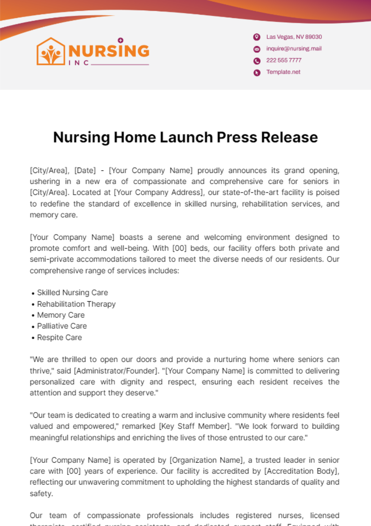 Free Nursing Home Launch Press Release Template