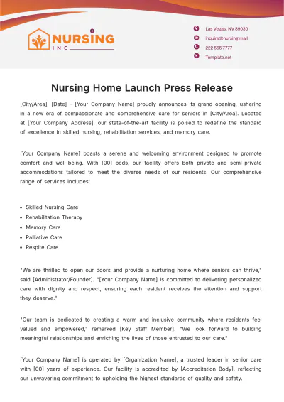 Free Nursing Home Launch Press Release Template to Edit Online