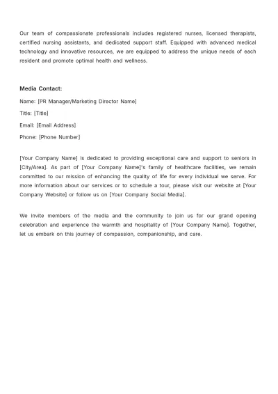 Free Nursing Home Launch Press Release Template to Edit Online