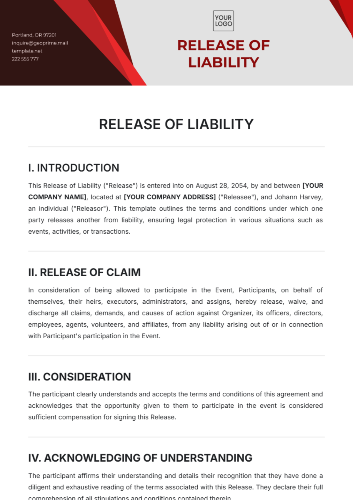 Free Release of Liability Template