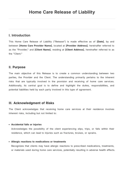 Free Home Care Release Of Liability Template to Edit Online