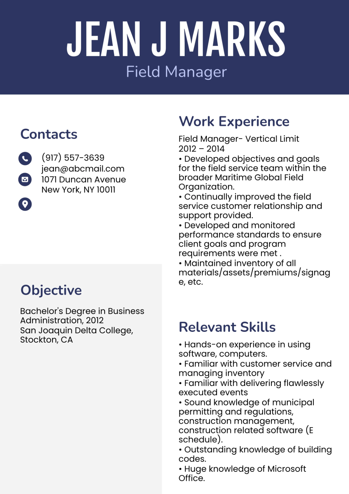 Free Field Manager Resume Template to Edit Online