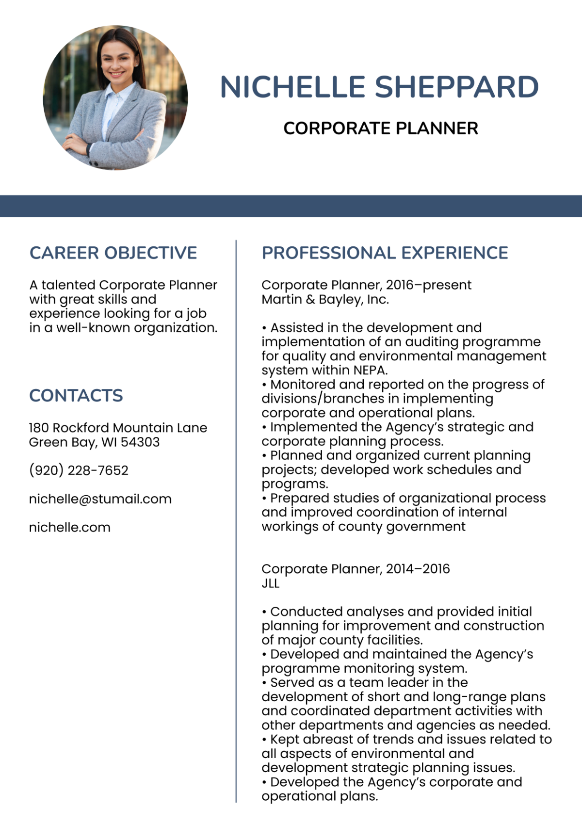 Free Corporate Planner Resume