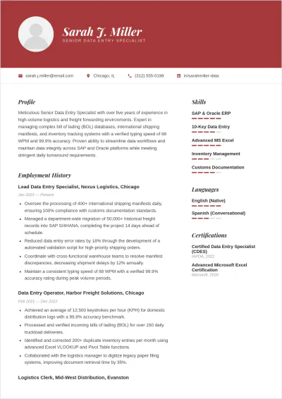 Free Data Entry Operator ATS Resume Template, AI Resume Builder