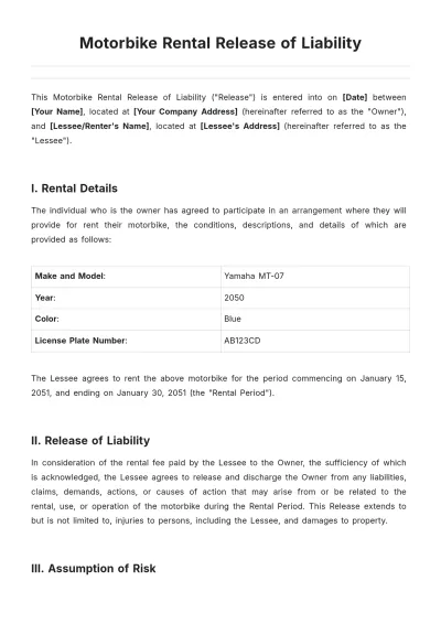 Free Motorbike Rental Release Of Liability Template to Edit Online