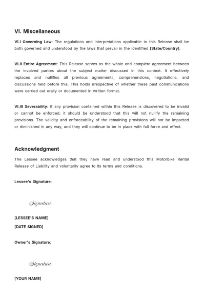 Free Motorbike Rental Release Of Liability Template to Edit Online