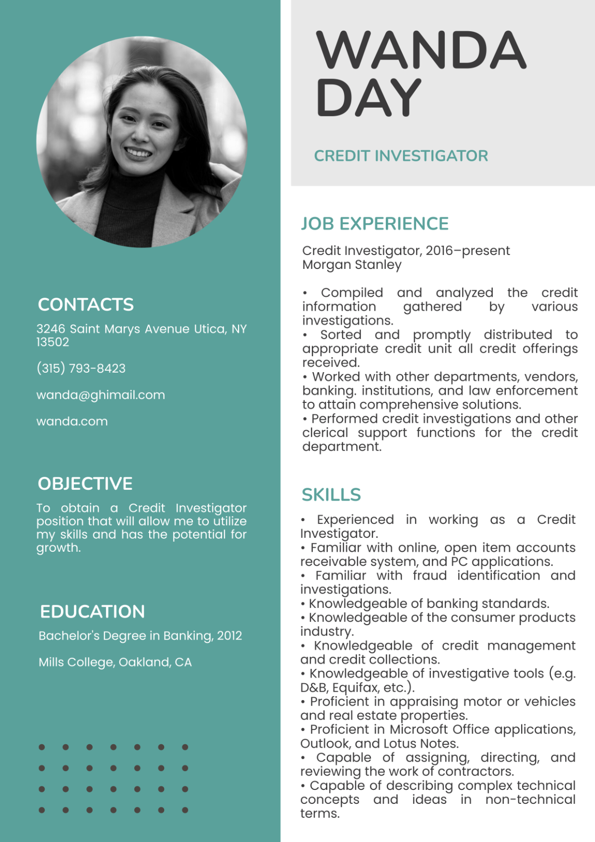 Free Credit Investigator Resume Template - Edit Online & Download ...