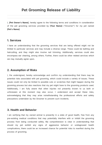 Free Pet Grooming Release Of Liability Template to Edit Online