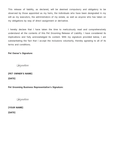 Free Pet Grooming Release Of Liability Template to Edit Online