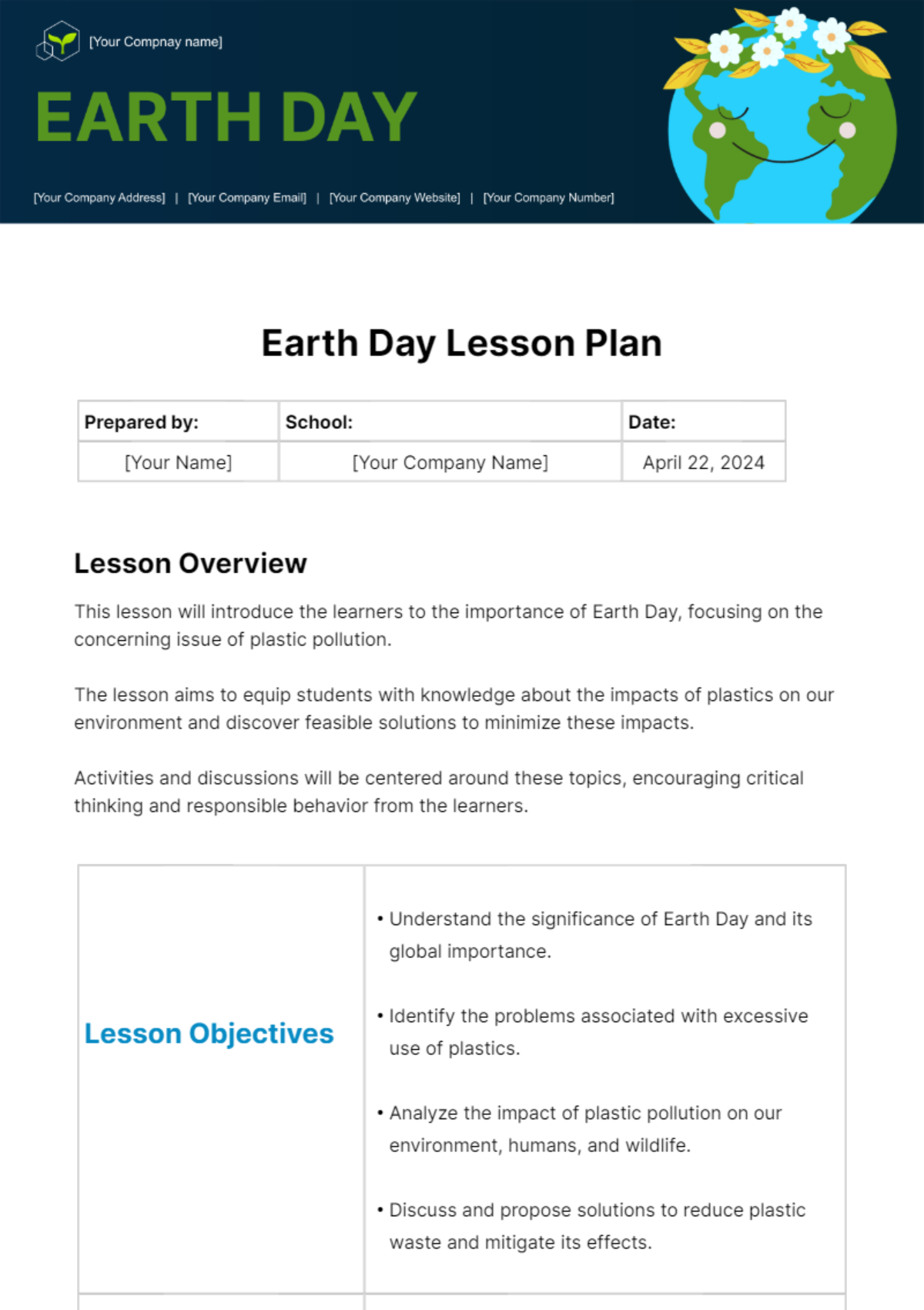 Free Earth Day Lesson Plan Template