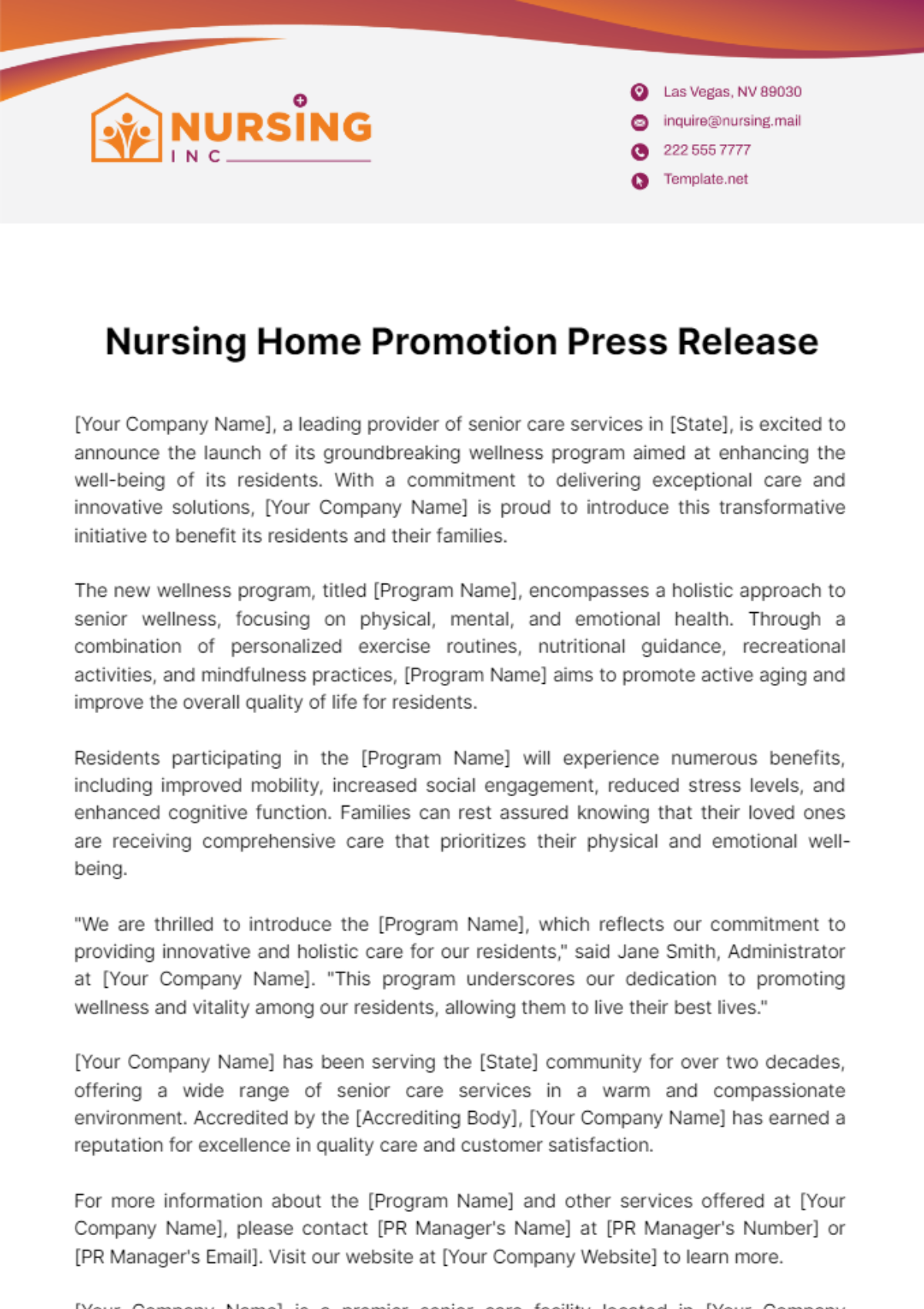 Nursing Home Promotion Press Release Template