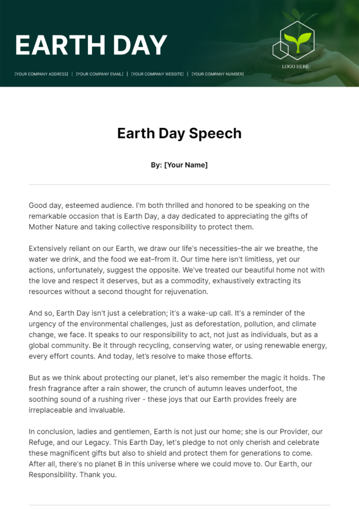 Free Earth Day Speech Template