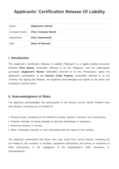 Free Applicants Certification Release of Liability Template to Edit Online