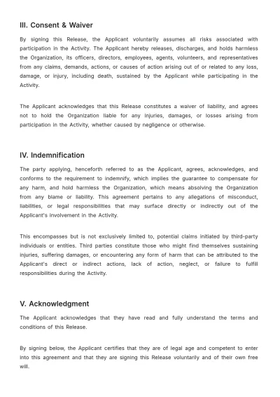 Free Applicants Certification Release of Liability Template to Edit Online