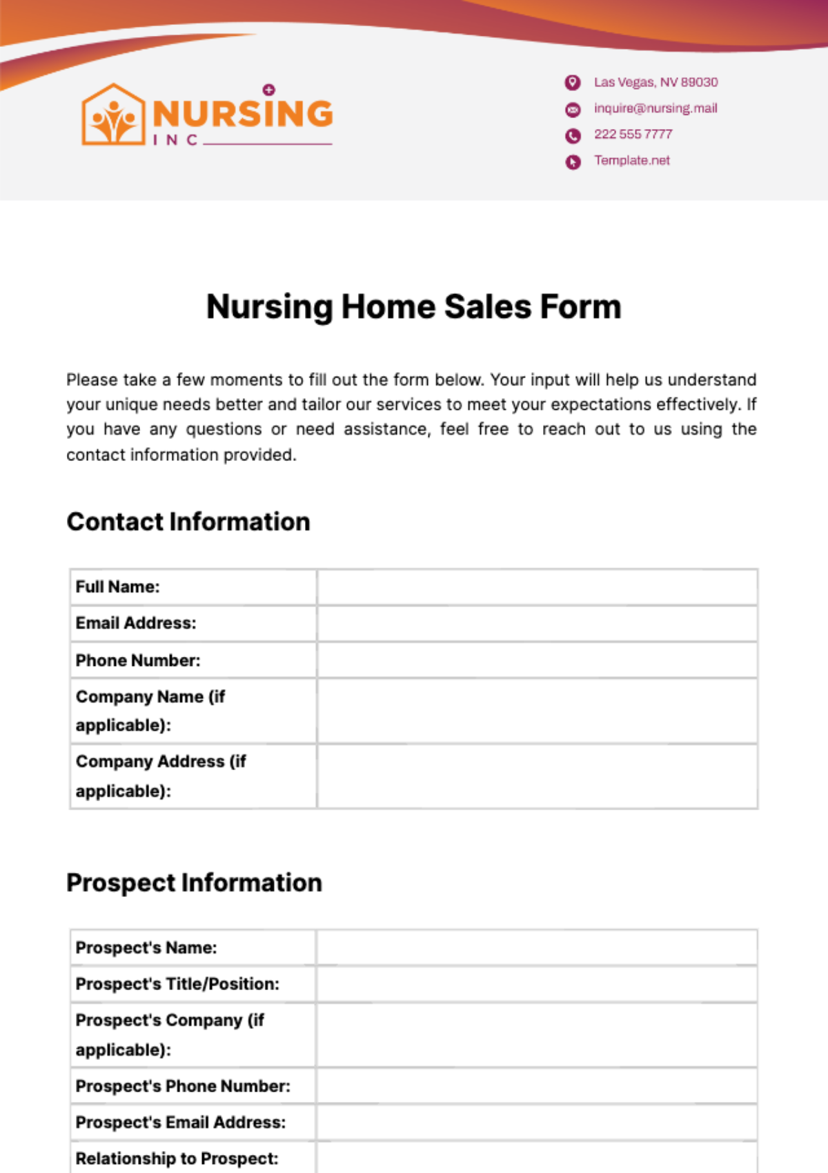 Nursing Home Sales Form Template