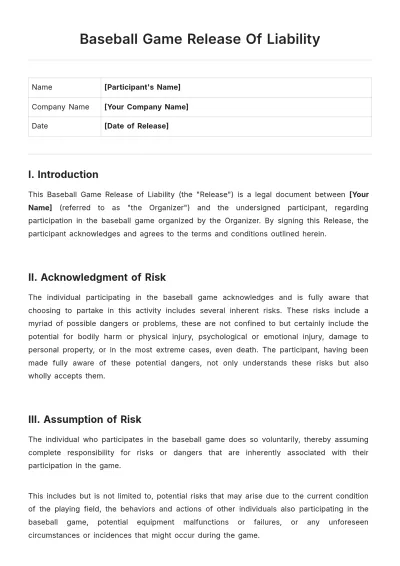 Free Baseball Game Release of Liability Template to Edit Online
