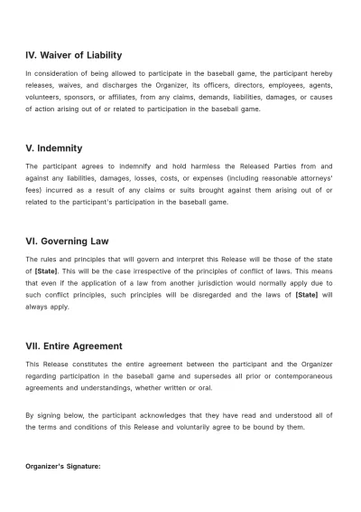 Free Baseball Game Release of Liability Template to Edit Online