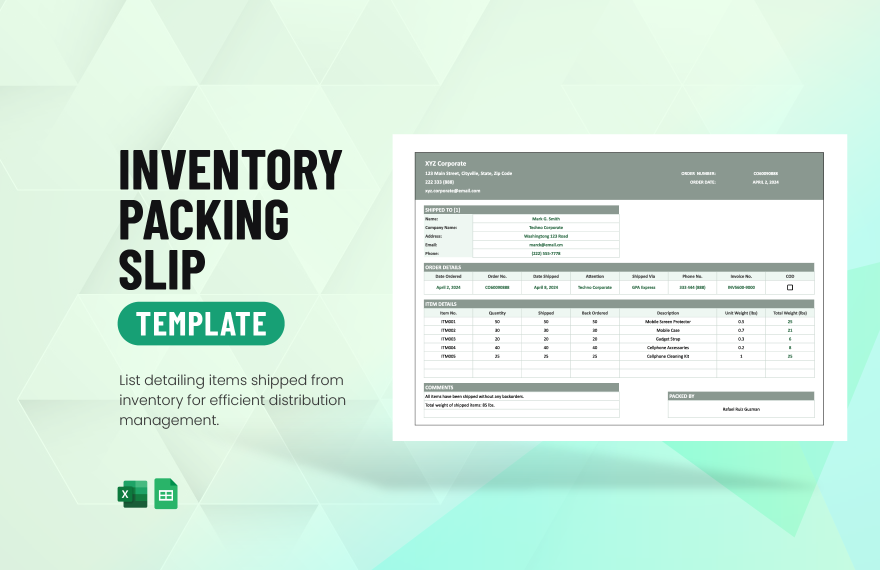 Inventory Packing Slip Template in Excel, Google Sheets