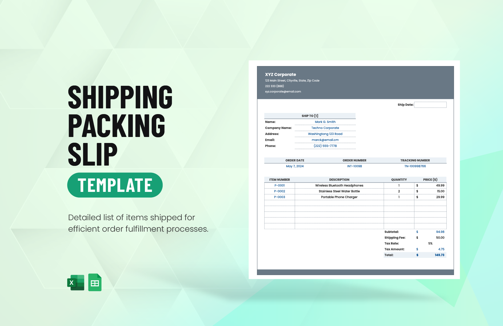 Shipping Packing Slip Template in Excel, Google Sheets