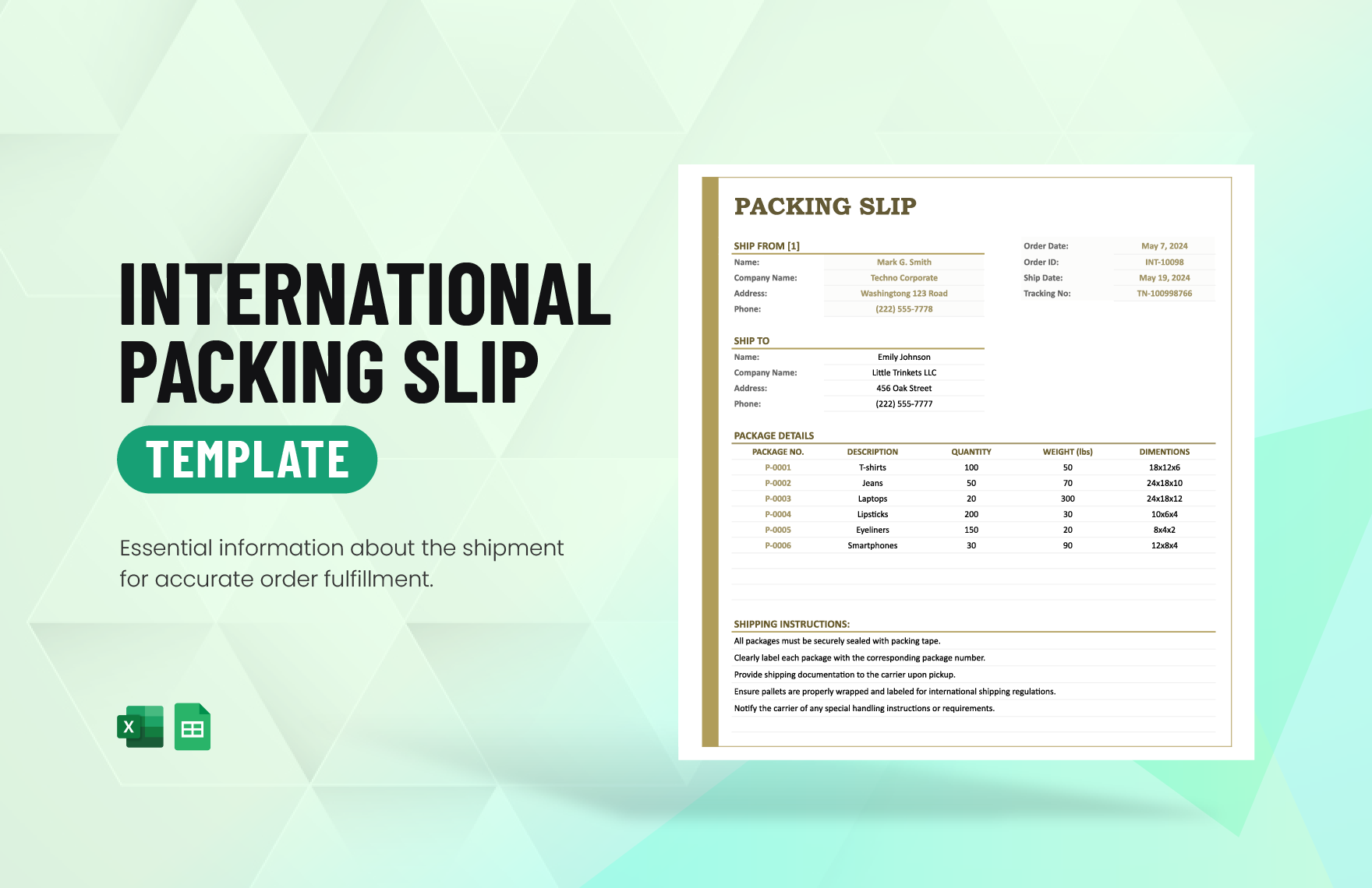 International Packing Slip Template in Excel, Google Sheets