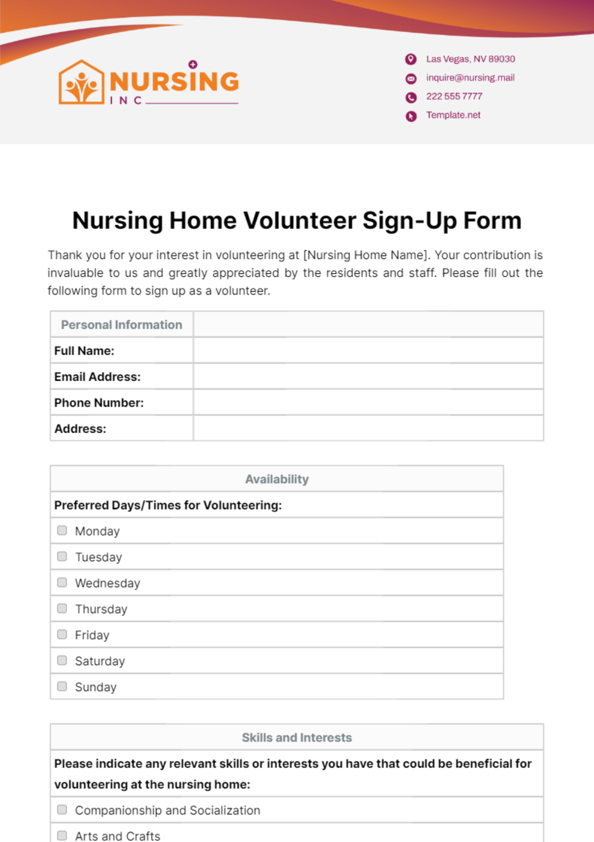 Free Nursing Home Volunteer Sign-Up Form Template